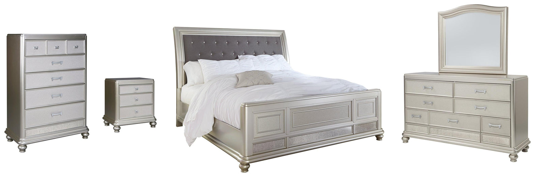 Coralayne Silver Upholstered Sleigh Bedroom Set - Ella Furniture