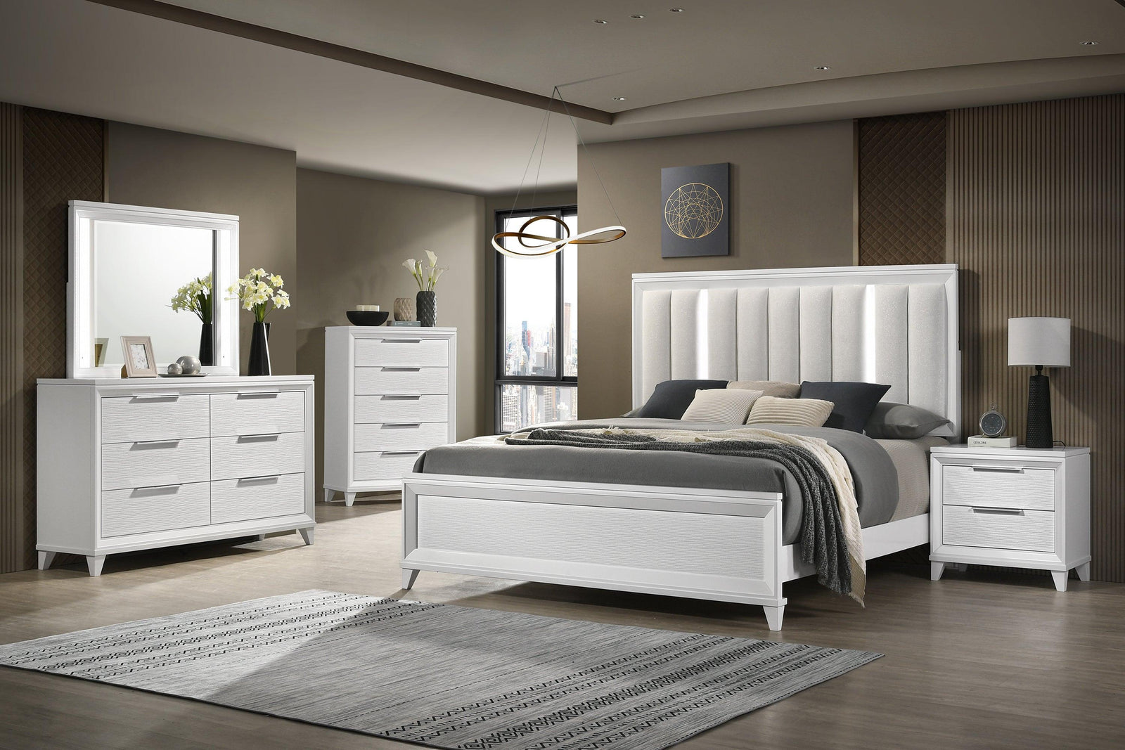 Cressida White Modern Contemporary Solid Wood Velvet Upholstered Bedroom Set - Ella Furniture