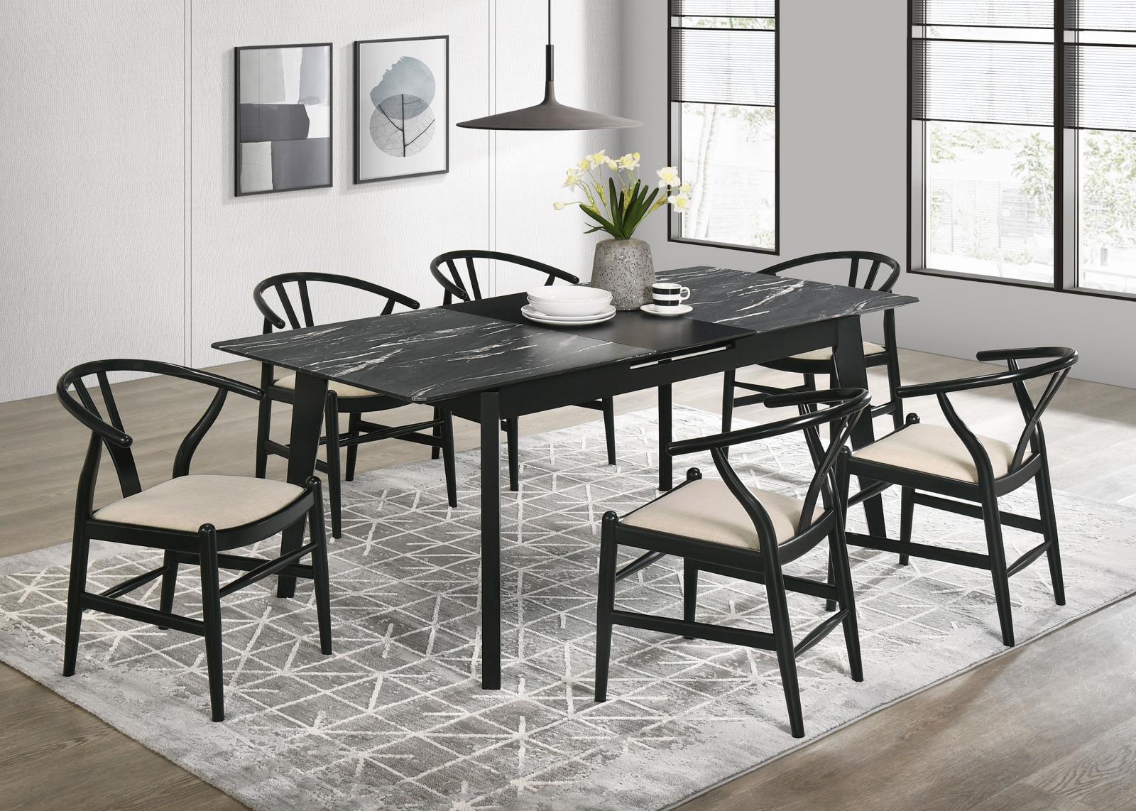 Crestmont Rectangular Dining Table With Faux Marble Top And 16" Self-storing Extension Leaf Grey 121251 - Ella Furniture