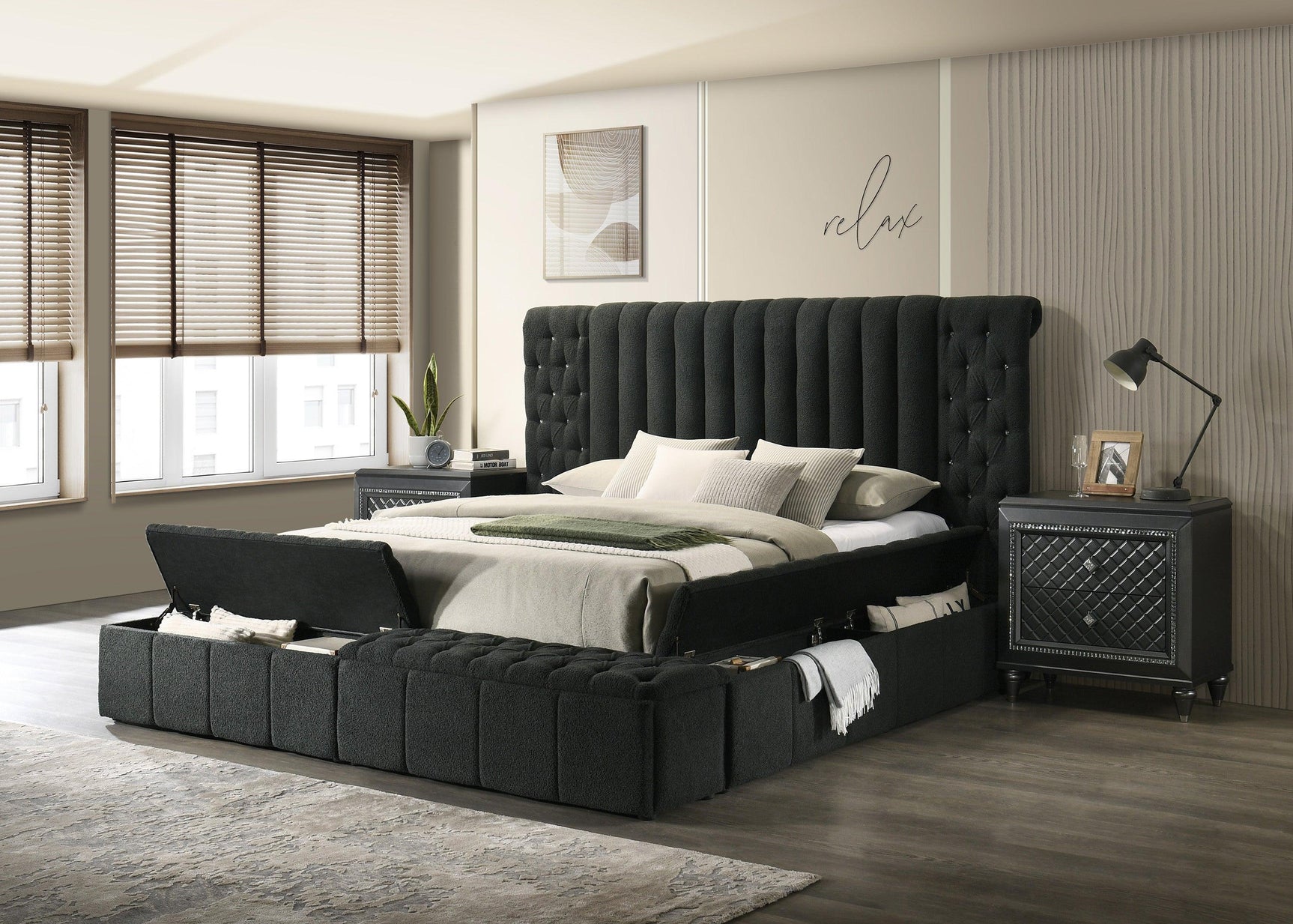 Danbury Charcoal Modern Solid Wood Velvet/Fabric Upholstered Tufted Storage King Bed - Ella Furniture