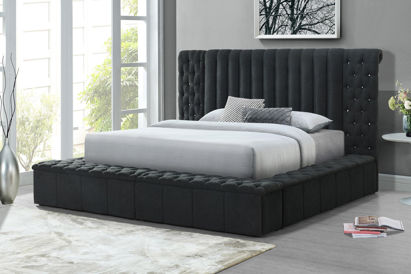 Danbury Charcoal Modern Solid Wood Velvet/Fabric Upholstered Tufted Storage King Bed - Ella Furniture
