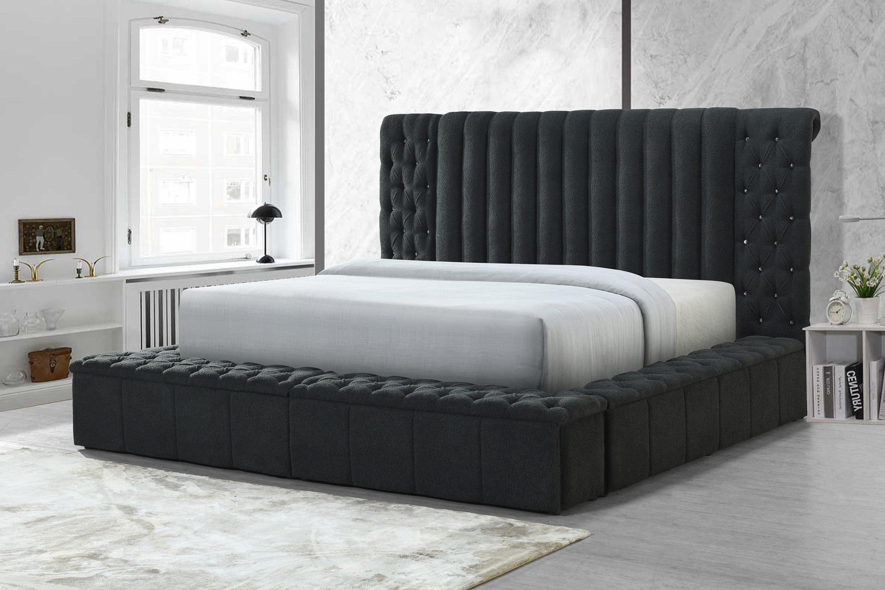 Danbury Charcoal Modern Solid Wood Velvet/Fabric Upholstered Tufted Storage King Bed - Ella Furniture