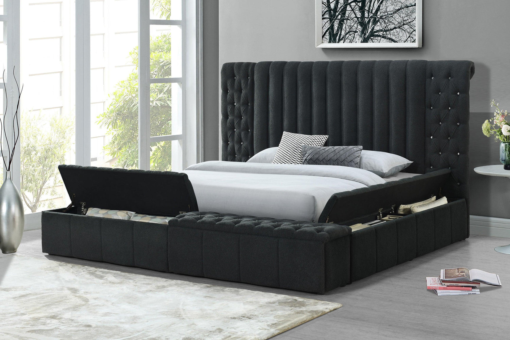 Danbury Charcoal Modern Solid Wood Velvet/Fabric Upholstered Tufted Storage Queen Bed - Ella Furniture