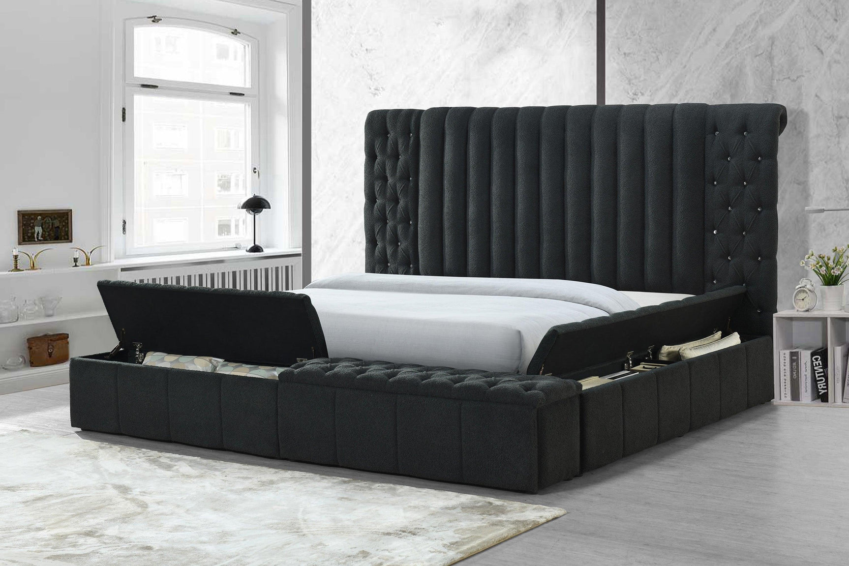 Danbury Charcoal Modern Solid Wood Velvet/Fabric Upholstered Tufted Storage Queen Bed - Ella Furniture