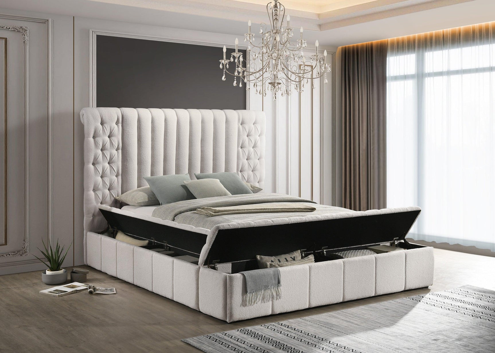 Danbury White Modern Solid Wood Velvet/Fabric Upholstered Tufted Storage King Bed - Ella Furniture