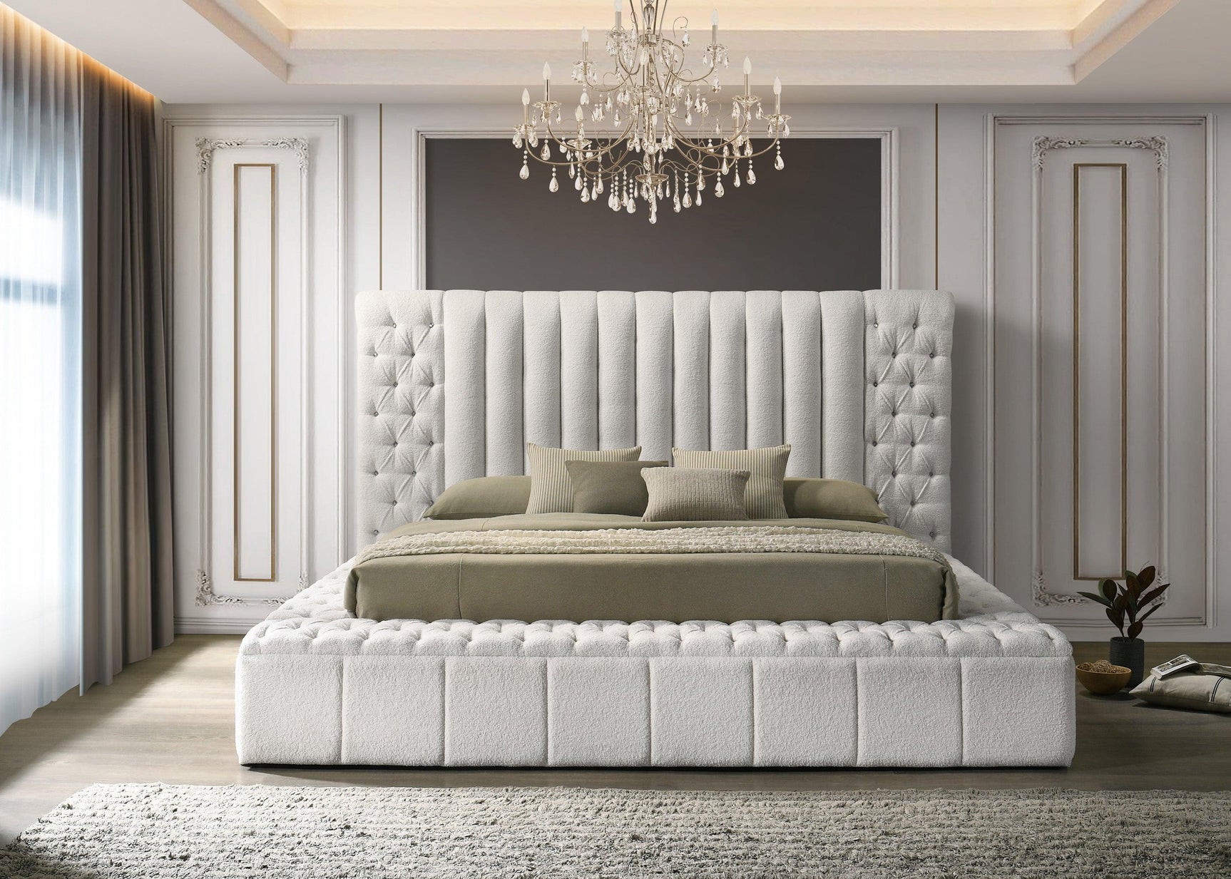 Danbury White Modern Solid Wood Velvet/Fabric Upholstered Tufted Storage King Bed - Ella Furniture