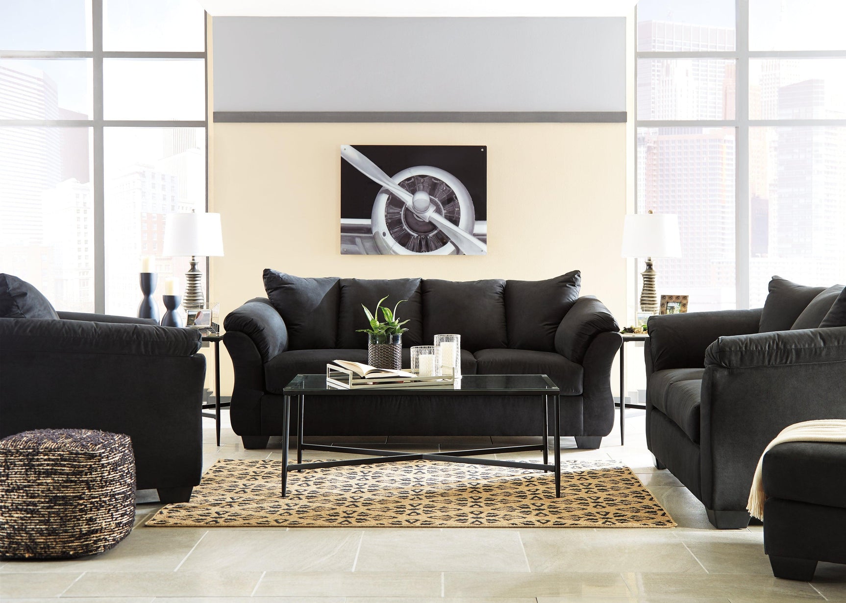 Darcy Black Sofa, Loveseat, Chair And Ottoman - Ella Furniture