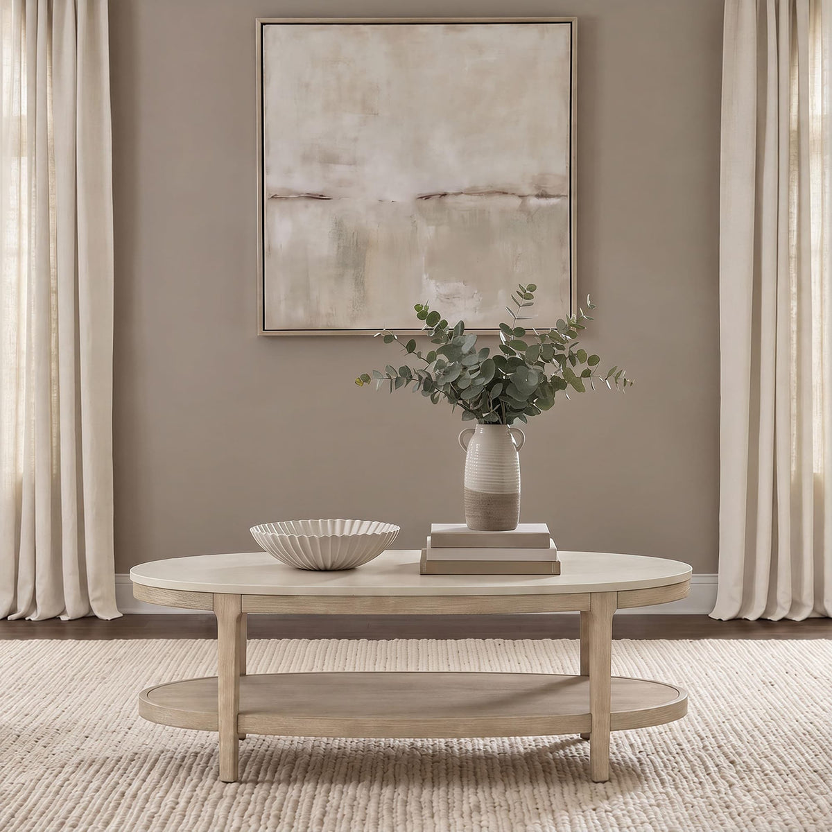 Lucaire Oval Cultured Marble Top Coffee Table Honed Cream and Sandstone — product image 2