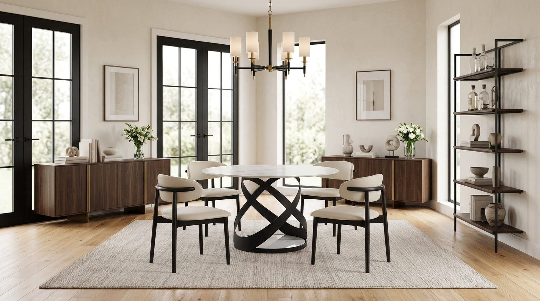 Dimi 5-Piece Dining Set with White Sintered Stone Table and Black Iron Base from Ella Furniture