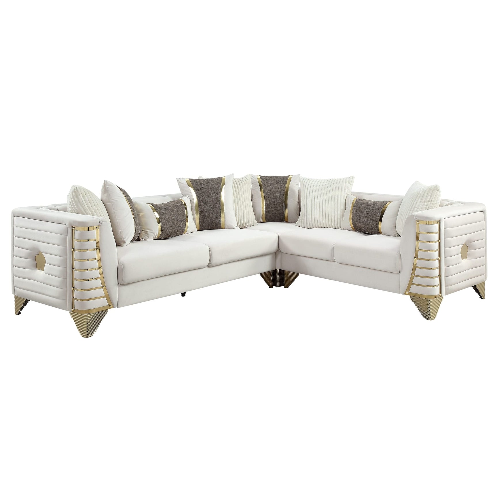 Donovan Cream Velvet Sectional Sofa with Metal Legs and Pillows view 4