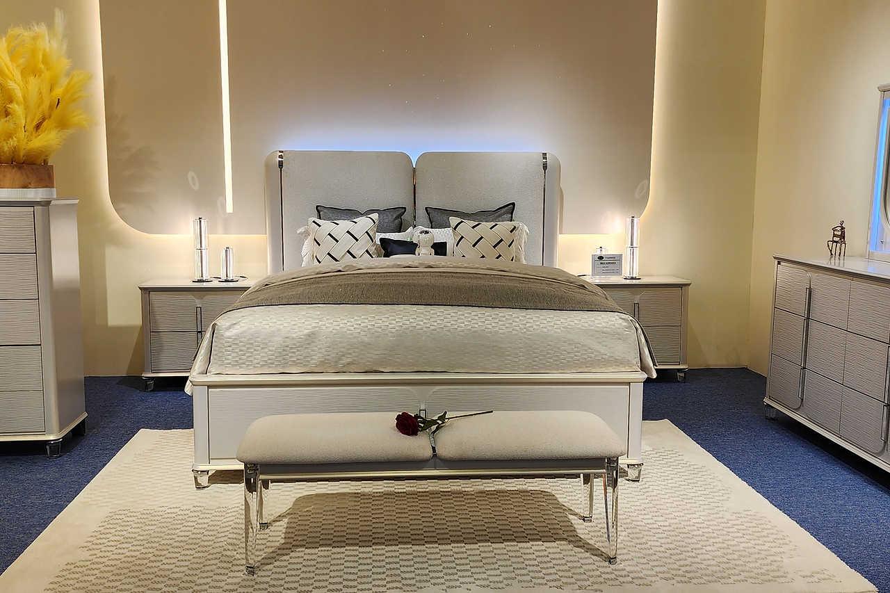 Amara Pearl White Upholstered LED Panel Bedroom Set