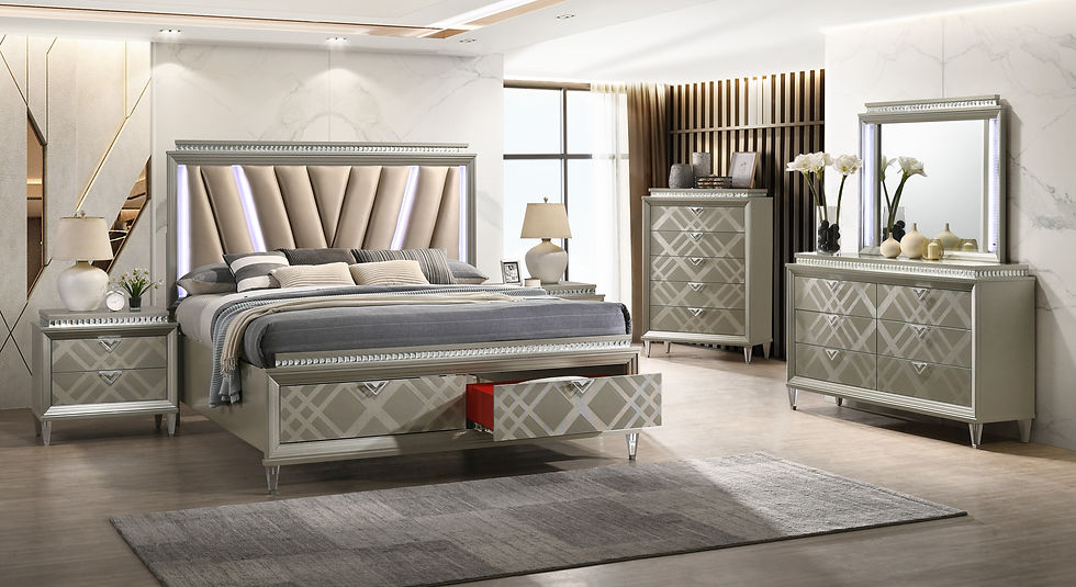 Freya Champagne Upholstered LED Storage Platform Bedroom Set