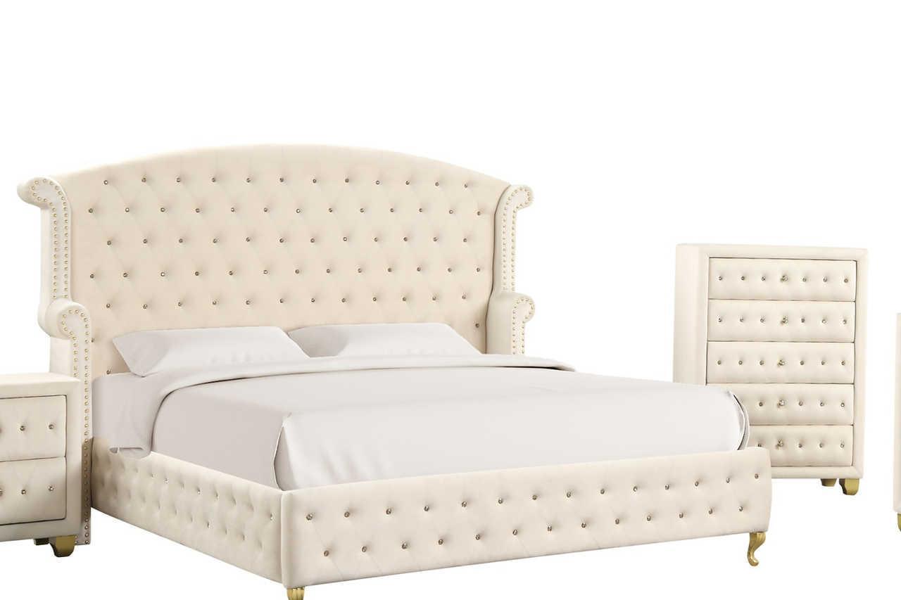 Olivia Beige Upholstered Tufted Wingback Platform Queen Bed