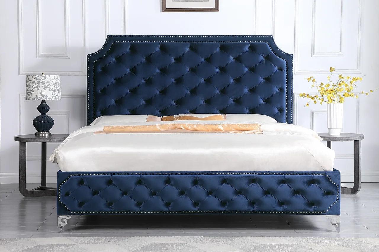 Leilah Blue Modern Contemporary Solid Wood Velvet Upholstered Tufted Platform King Bed - Ella Furniture