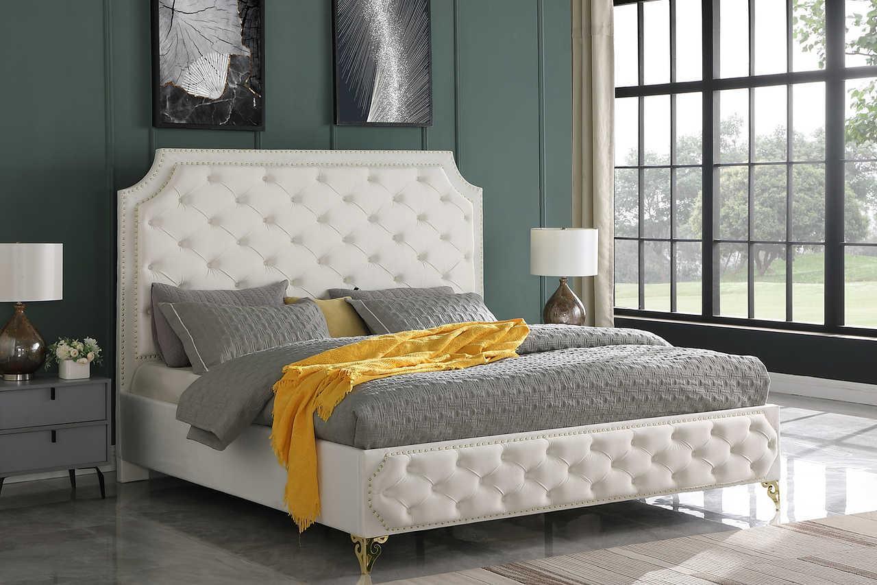 Leilah Cream Modern Contemporary Solid Wood Velvet Upholstered Tufted Platform Queen Bed - Ella Furniture