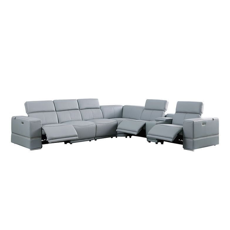 Franco 7-Piece Light Blue Italian Leather Match Power Reclining Sectional with 3 Power Seats and Storage Console view 3