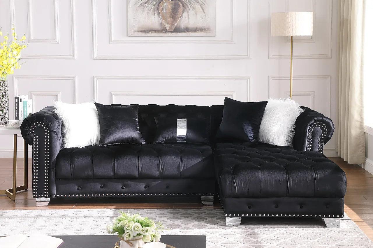 Yaz Black Modern Contemporary Wood, Engineered Wood Velvet Tufted Sectional - Ella Furniture