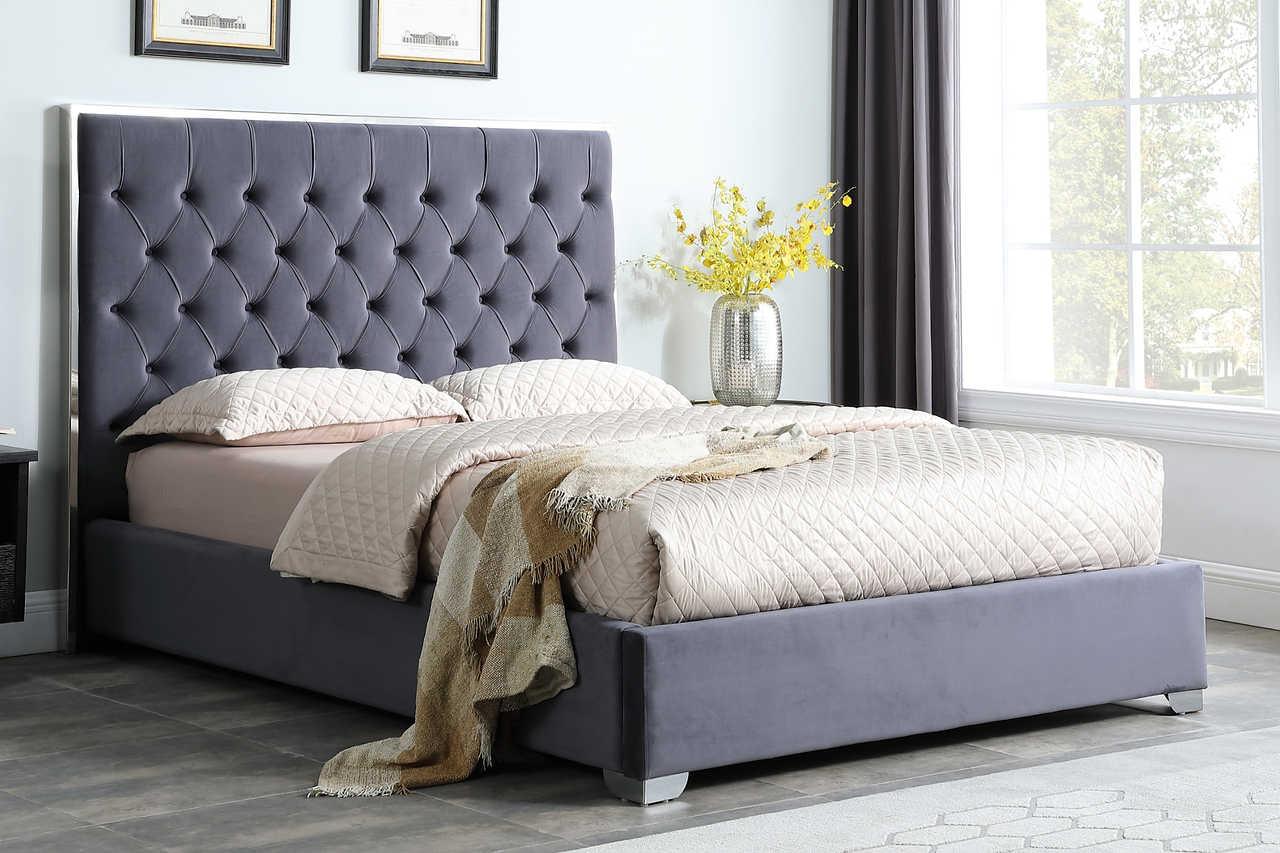 Rose Grey/Chrome 55"H Modern Solid Wood Velvet Upholstered Tufted Platform King Bed - Ella Furniture