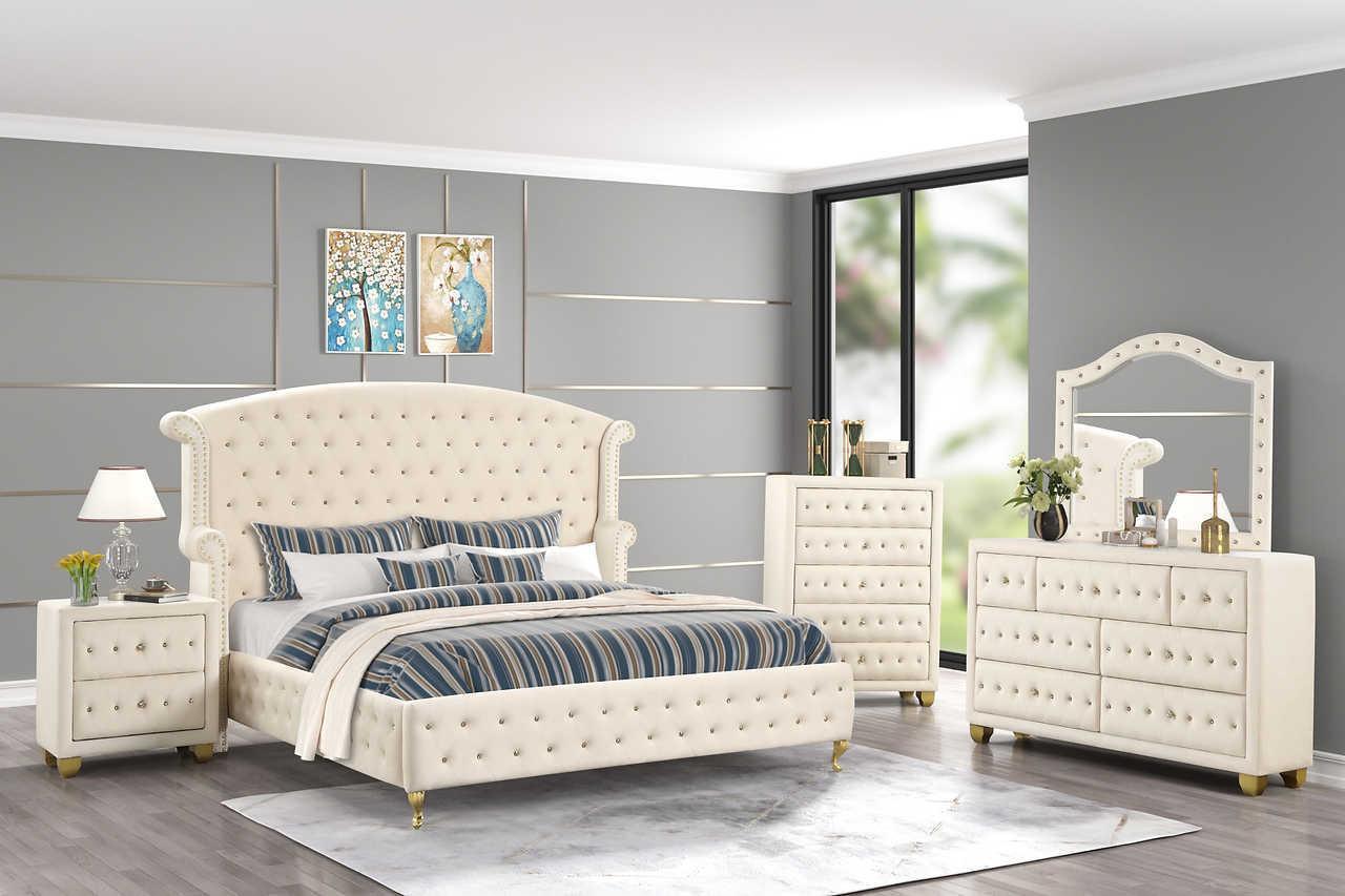 Olivia Beige Upholstered Tufted Wingback Platform King Bed