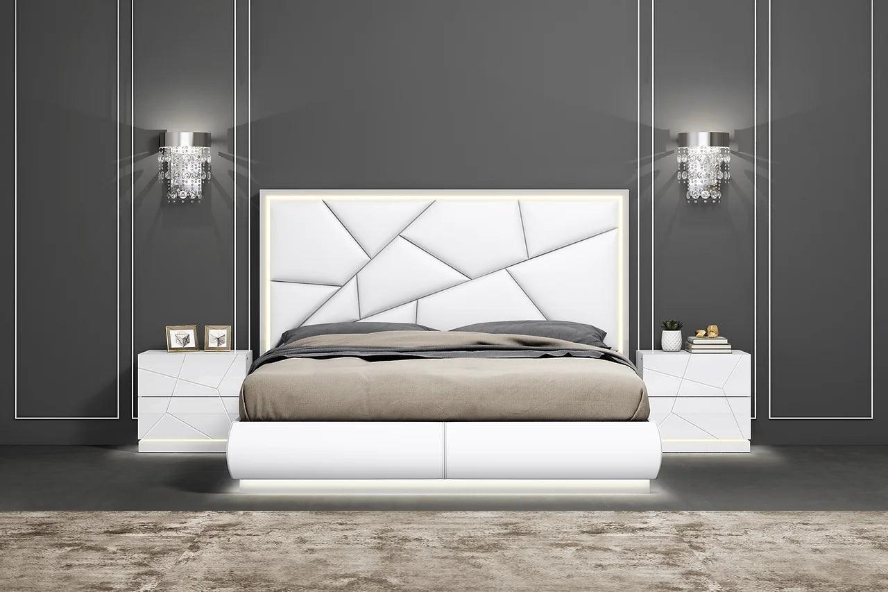 Lea White Modern Contemporary High Gloss Pine Wood Platform LED Panel Bedroom Set - Ella Furniture