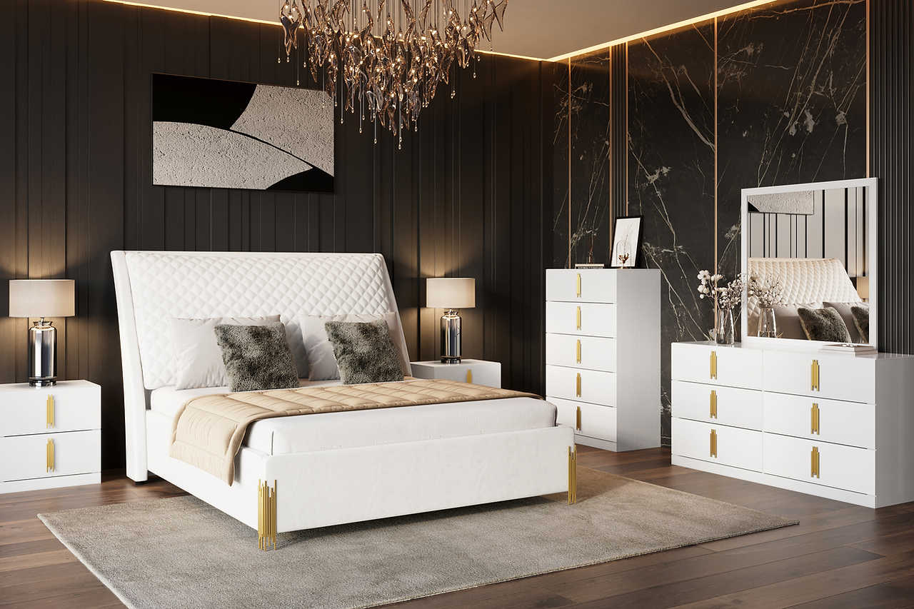 Glamor White Velvet Upholstered Sleigh Panel Bedroom Set