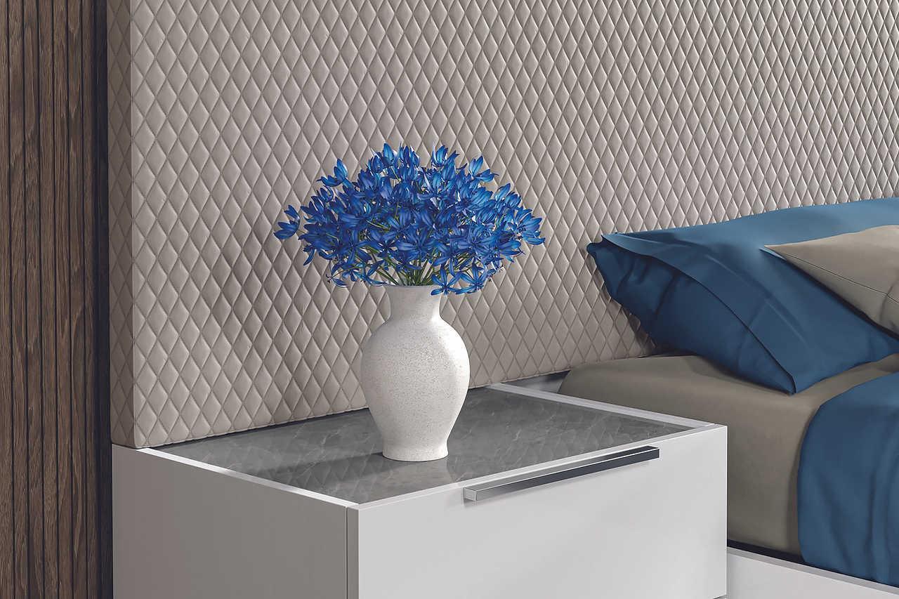 Fabiana White/Beige Modern Contemporary High Gloss Wood Eco Leather Italian Bedroom Set - Ella Furniture