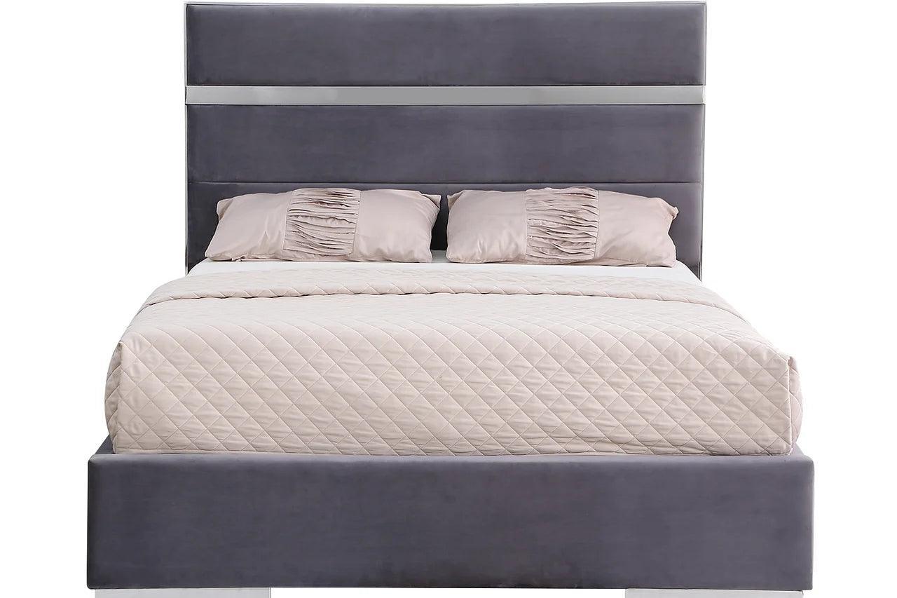 Cartier Grey/Gold Modern Contemporary Solid Wood Velvet Upholstery Platform Queen Bed - Ella Furniture