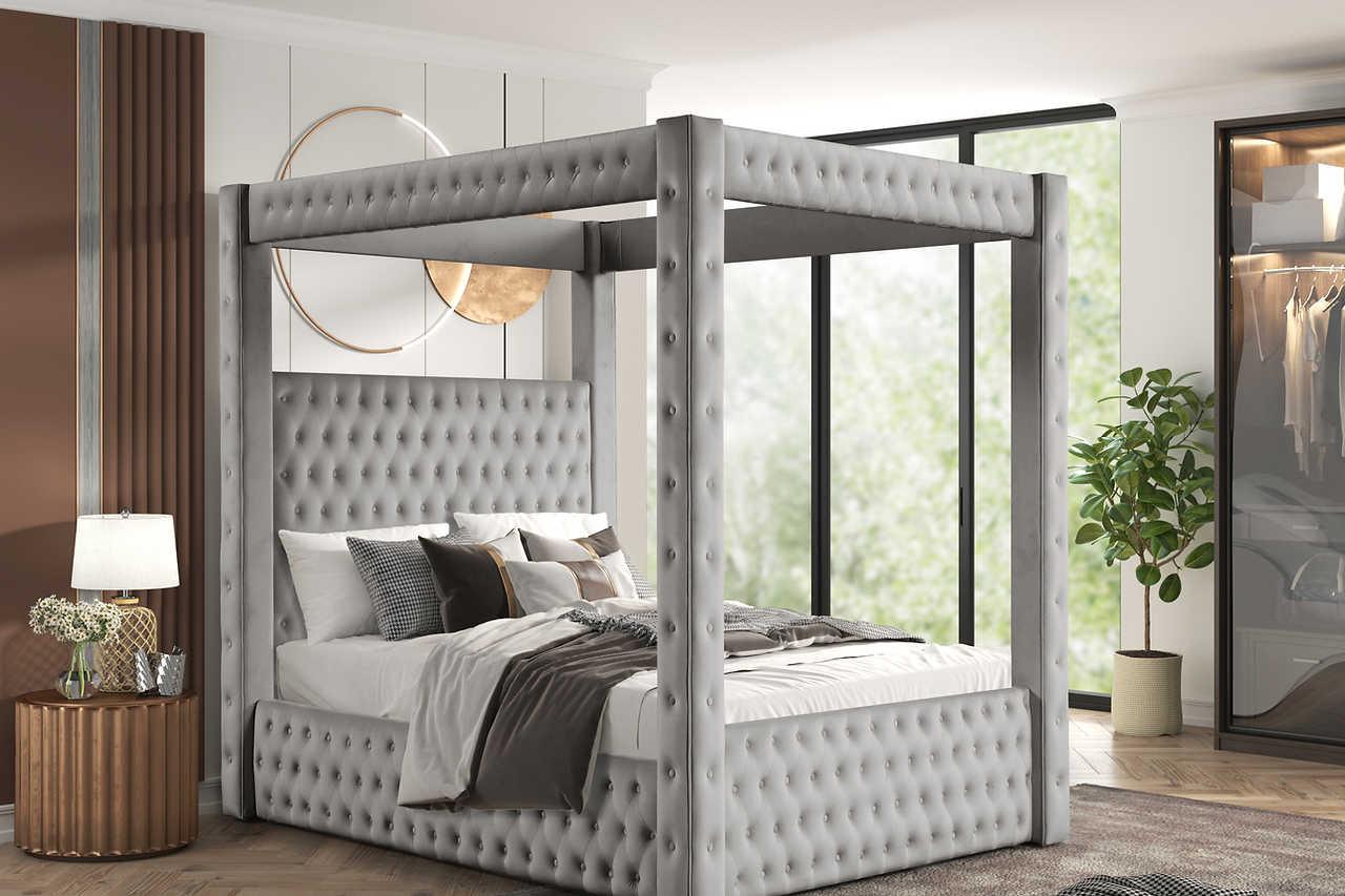 Mansion Gray Upholstered Tufted Canopy Platform Queen Bed