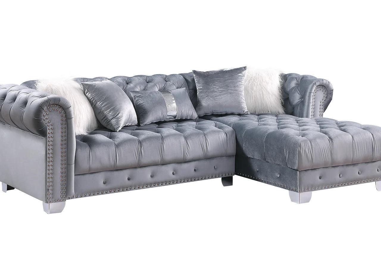 Yaz Grey Modern Contemporary Wood, Engineered Wood Velvet Tufted Sectional - Ella Furniture