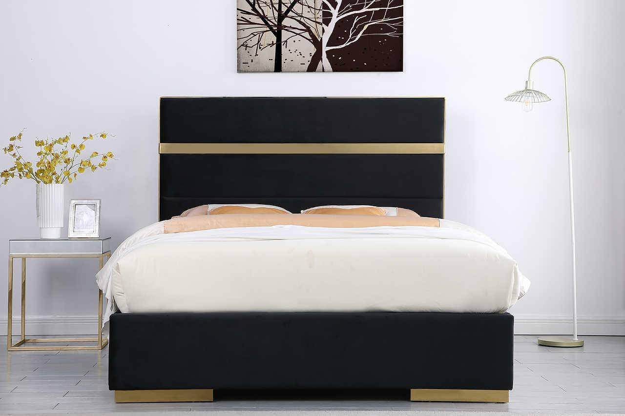 Cartier Black/Gold Modern Contemporary Solid Wood Velvet Upholstery Platform King Bed - Ella Furniture
