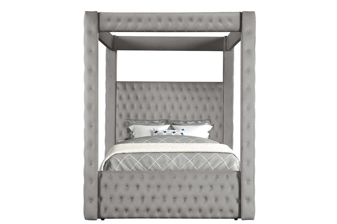 Mansion Gray Upholstered Tufted Canopy Platform King Bed