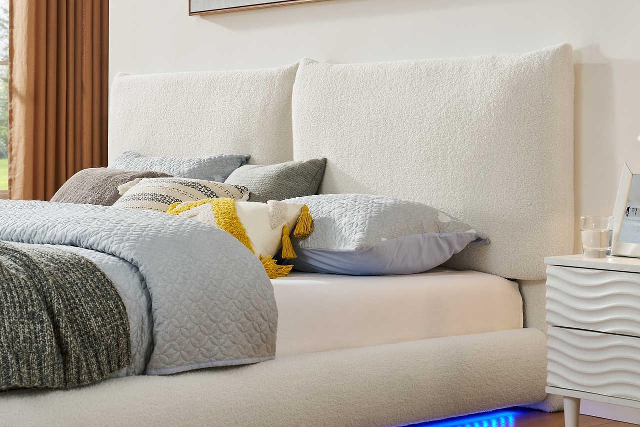 Zima White LED Upholstered Platform King Bed