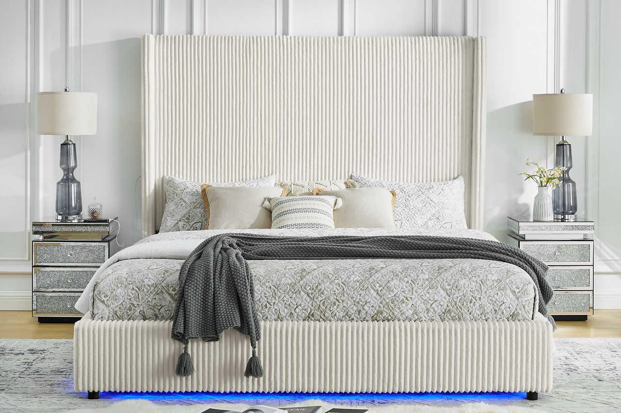 Belinda Beige LED Upholstered Platform King Bed