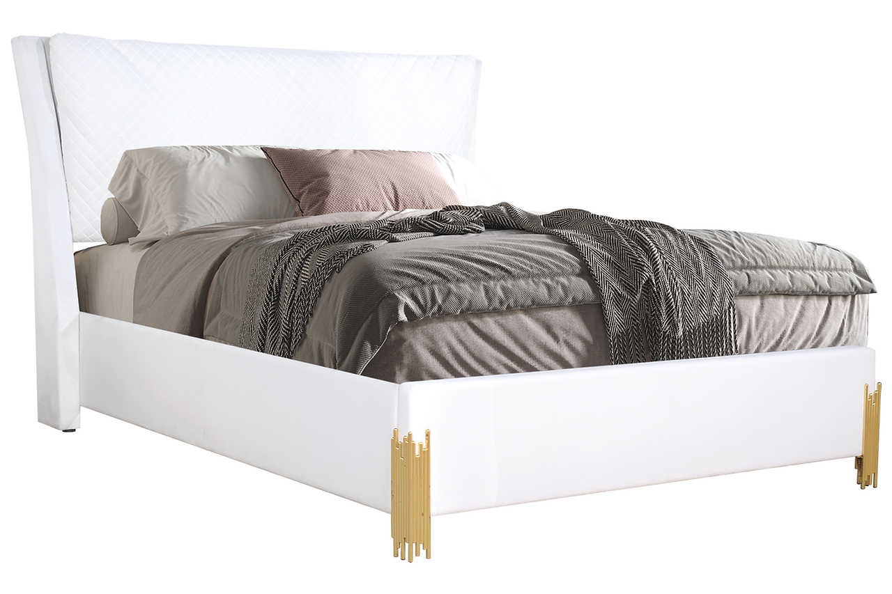 Glamor White Velvet Upholstered Sleigh Panel Bedroom Set