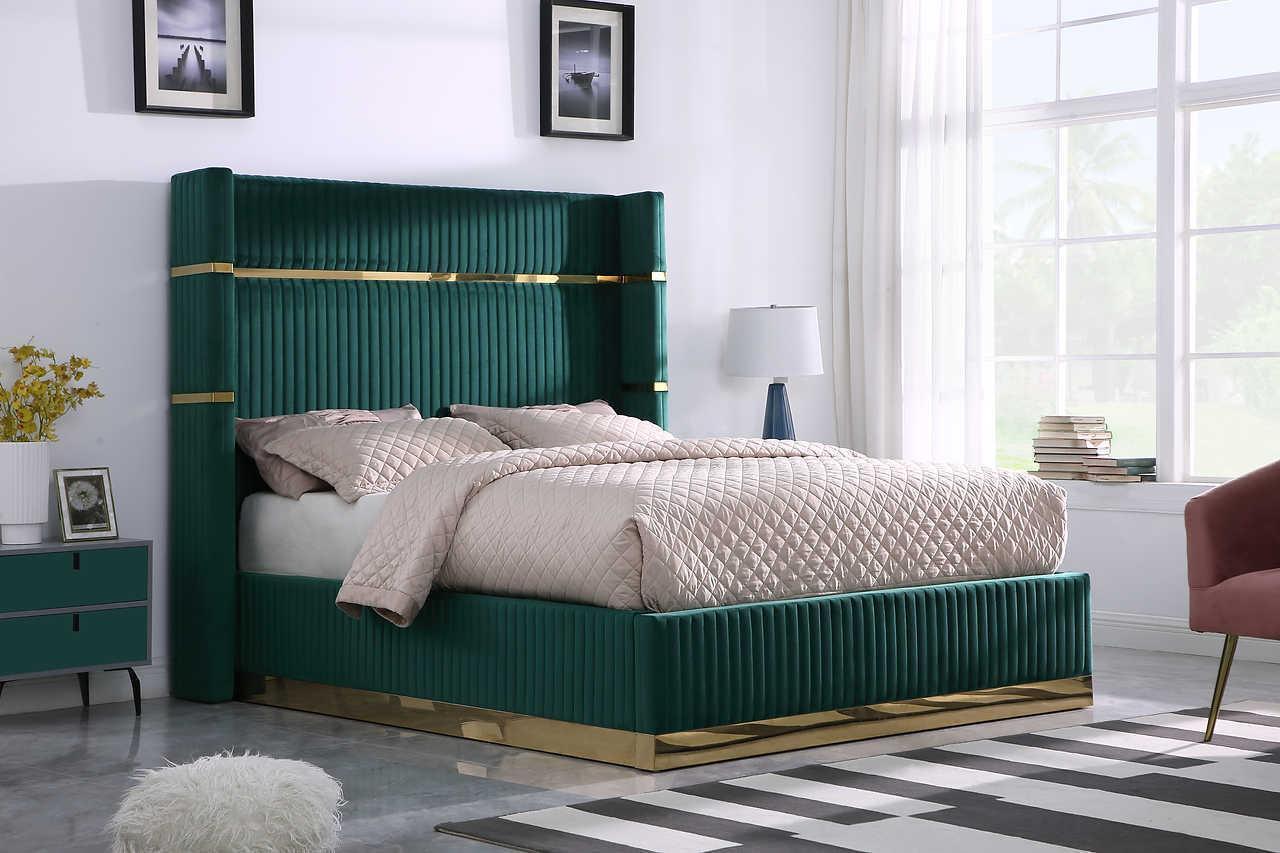 Aspen Green Velvet Upholstered Platform Queen Bed