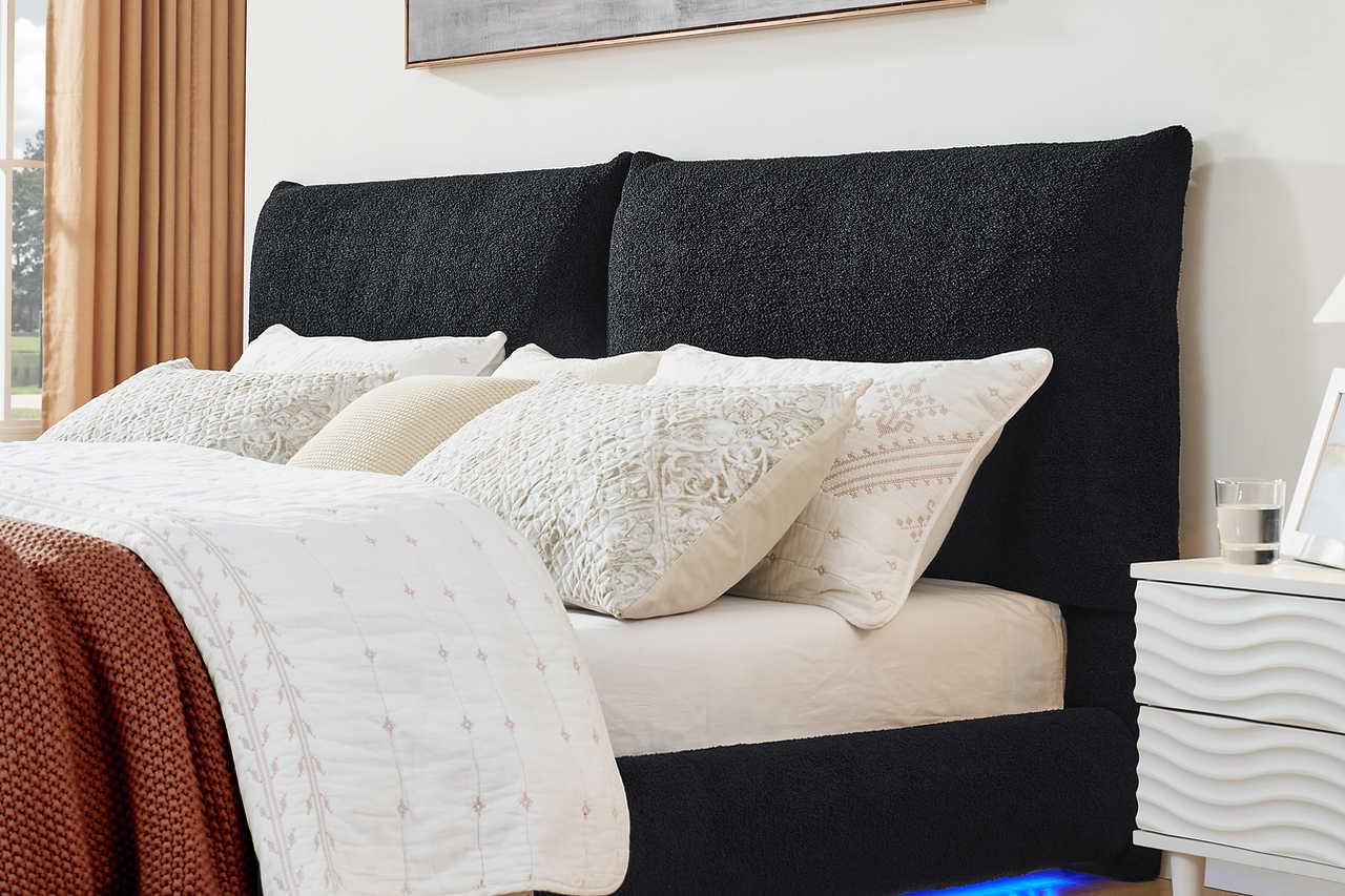 Zima Black LED Upholstered Platform Queen Bed