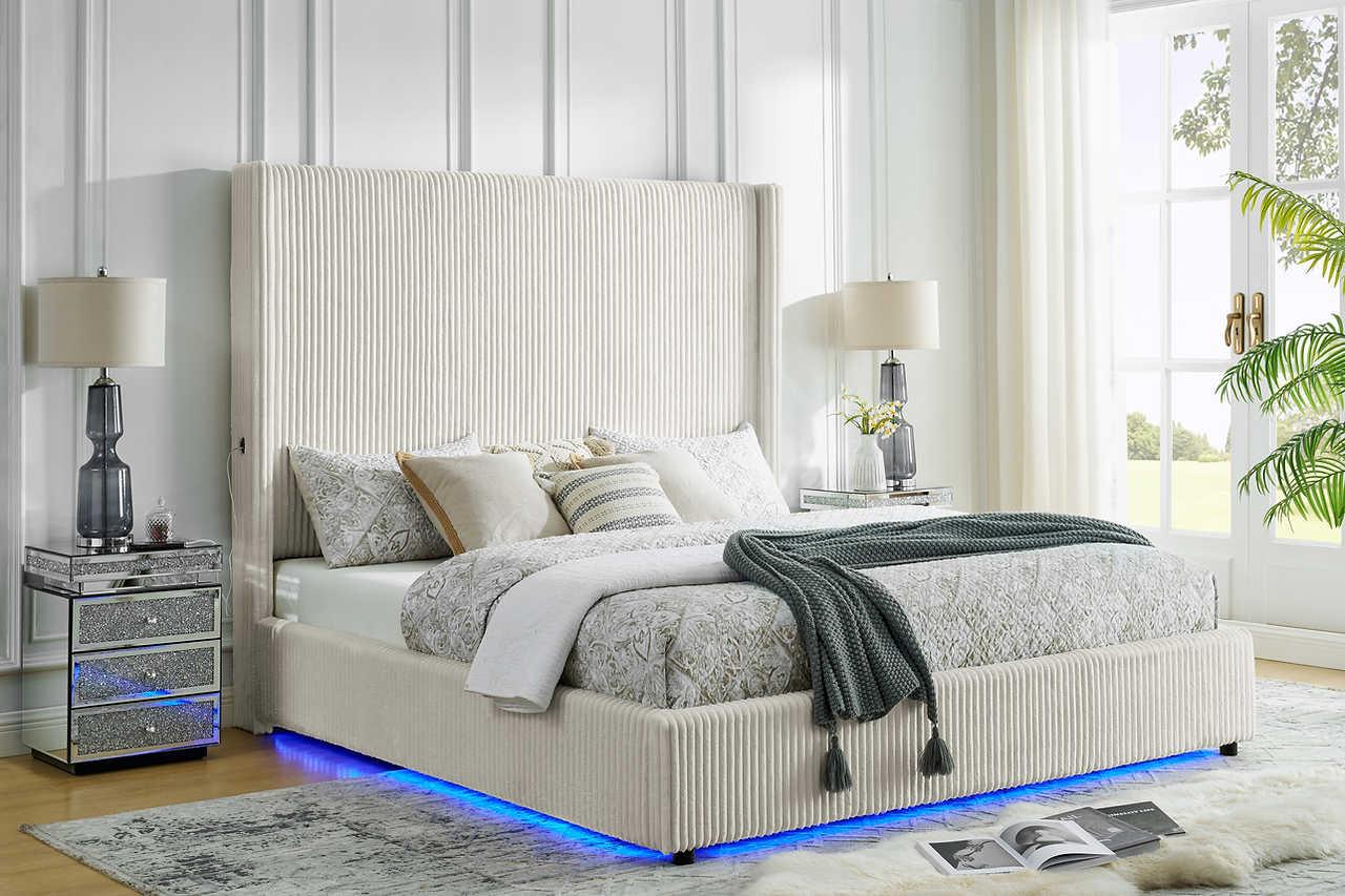 Belinda Beige LED Upholstered Platform Queen Bed