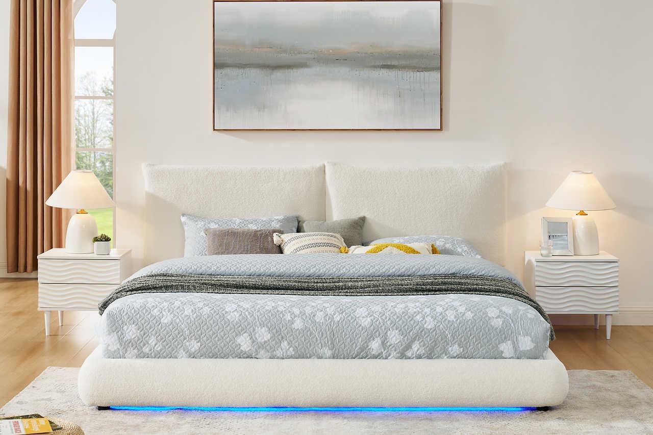 Zima White LED Upholstered Platform King Bed