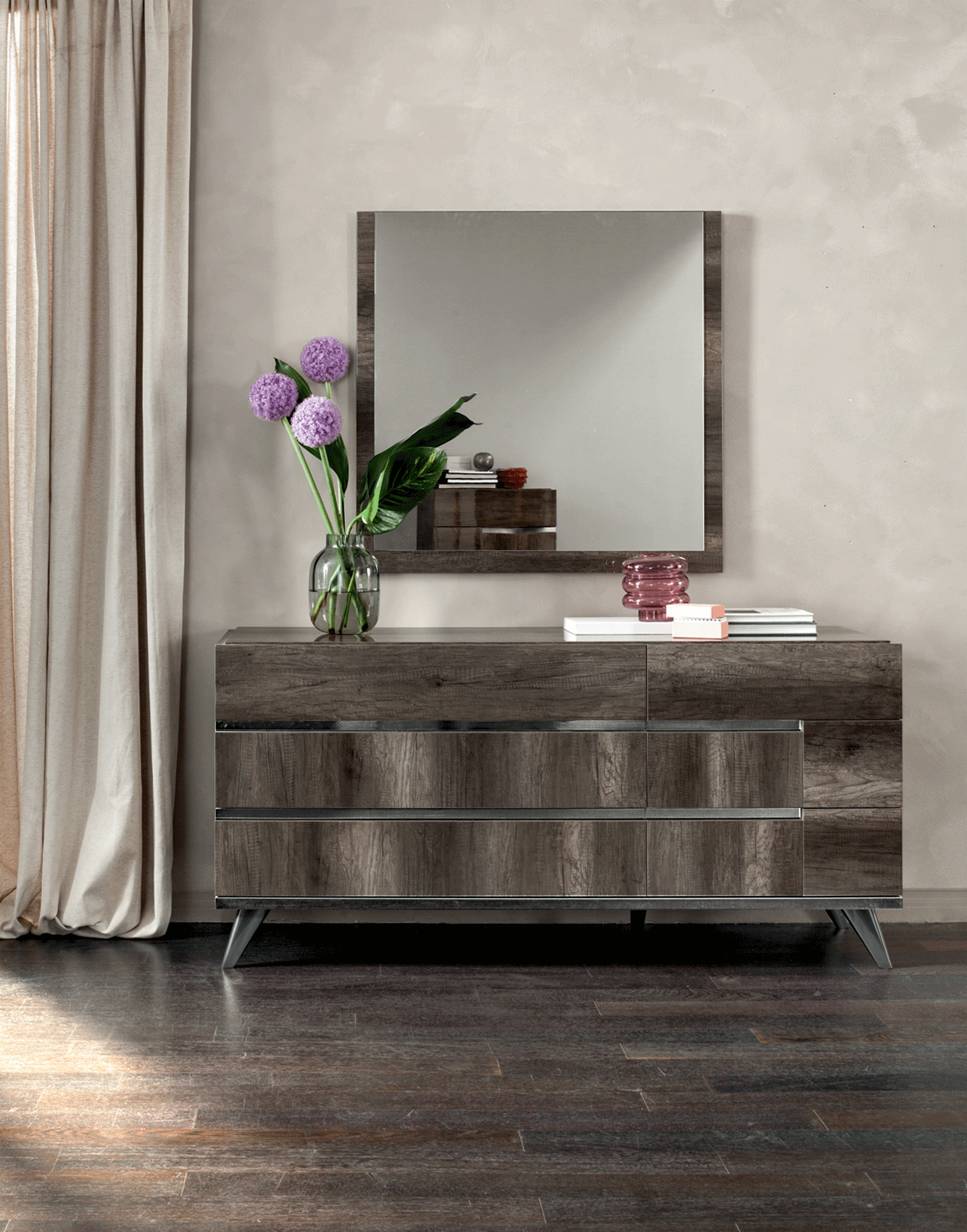 Medea II Vintage Oak Upholstered Italian Nightstand