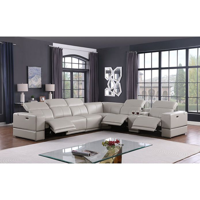 Franco 7-Piece Light Grey Italian Leather Match Power Reclining Sectional with 3 Power Seats and Storage Console from Ella Furniture