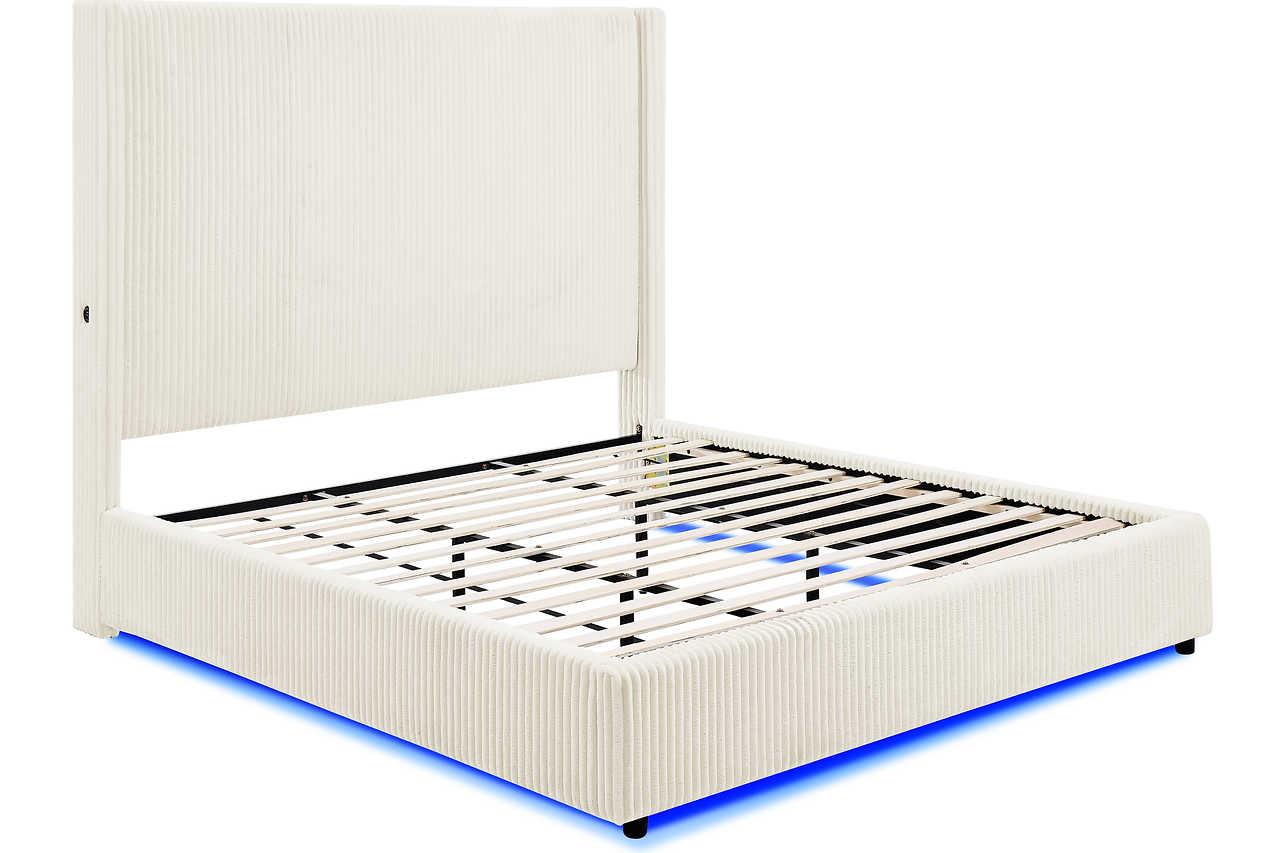 Belinda Beige LED Upholstered Platform Queen Bed