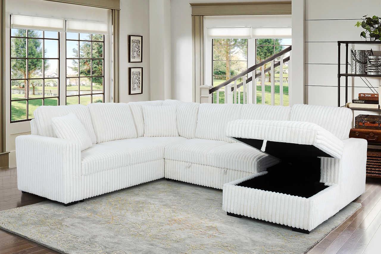Raha Beige Soft Fabric Storage Sectional with Pull Out Bed