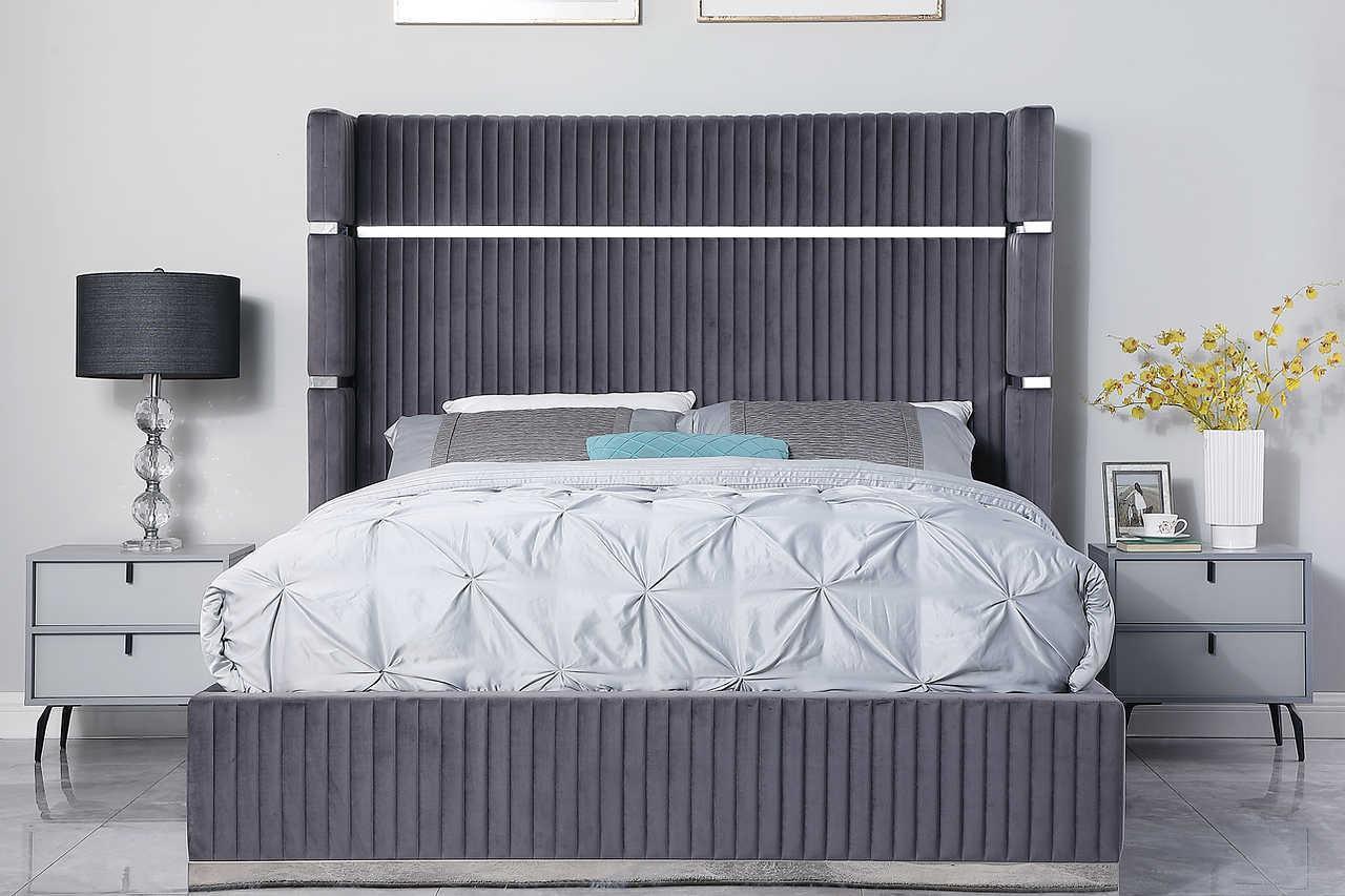 Aspen Gray Velvet Upholstered Platform Queen Bed