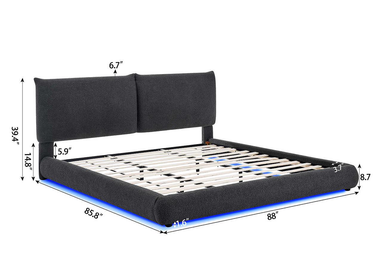 Zima Grey LED Upholstered Platform Queen Bed