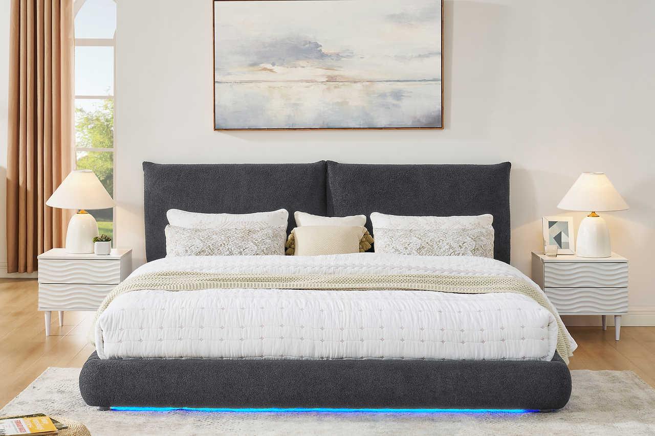Zima Grey LED Upholstered Platform Queen Bed