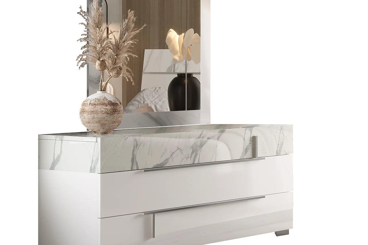 Sunset Ii White Modern Traditional Contemporary Marble Top Solid Wood Bedroom Set - Ella Furniture