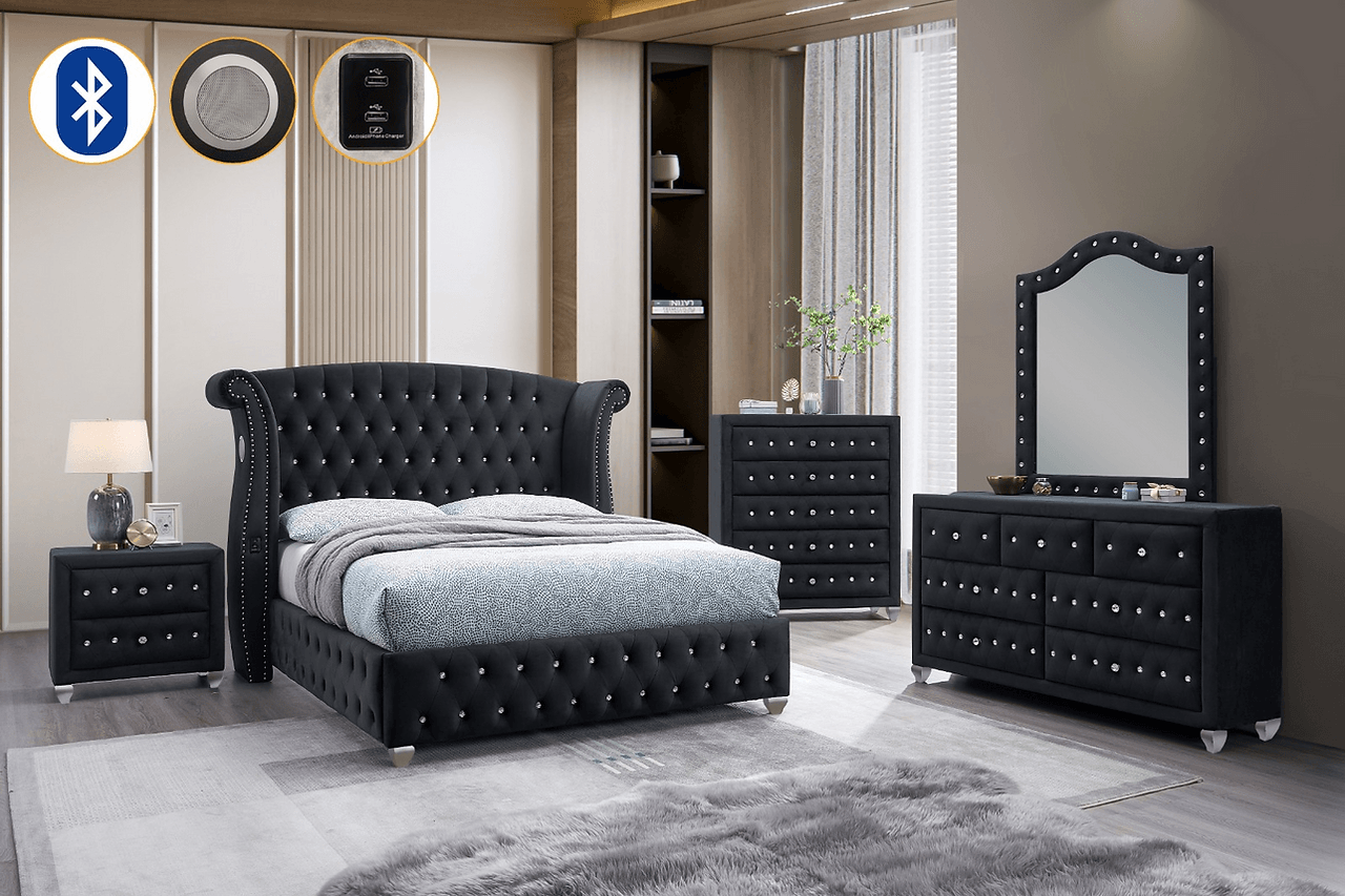 Divina Black Upholstered Tufted Wingback Bedroom Set