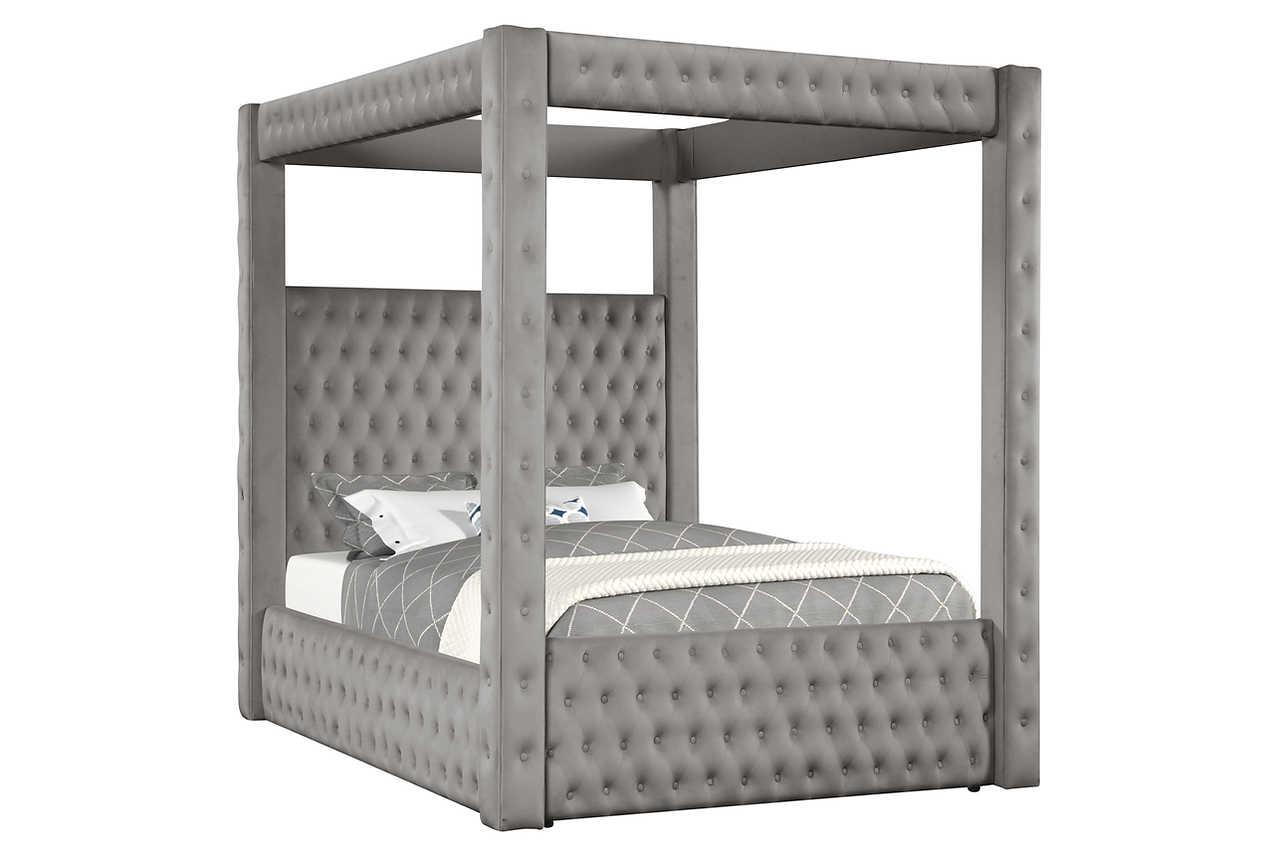 Mansion Gray Upholstered Tufted Canopy Platform Queen Bed