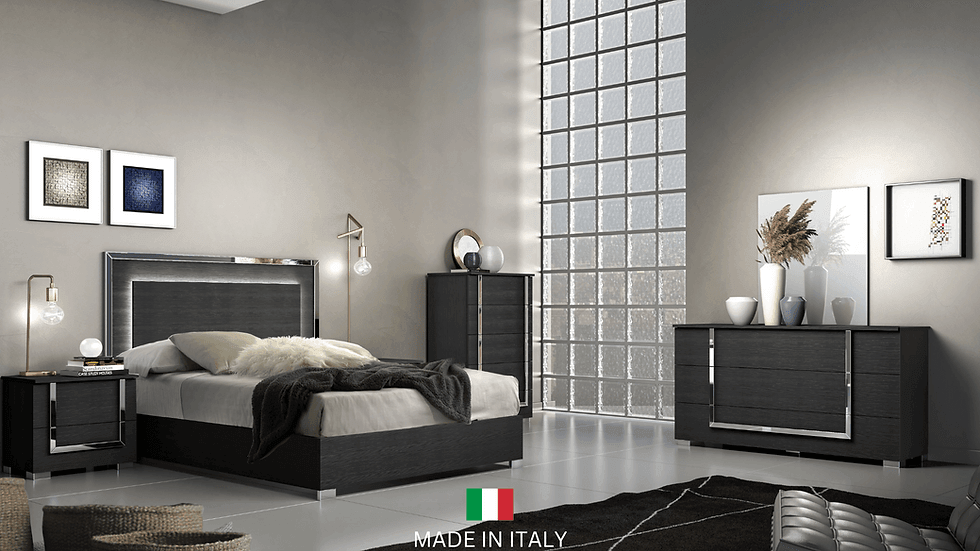 Antonella Black Modern Contemporary High Gloss Lacquer Wood LED Italian Bedroom Set - Ella Furniture