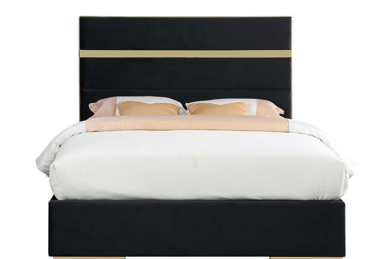 Cartier Black/Gold Modern Contemporary Solid Wood Velvet Upholstery Platform King Bed - Ella Furniture